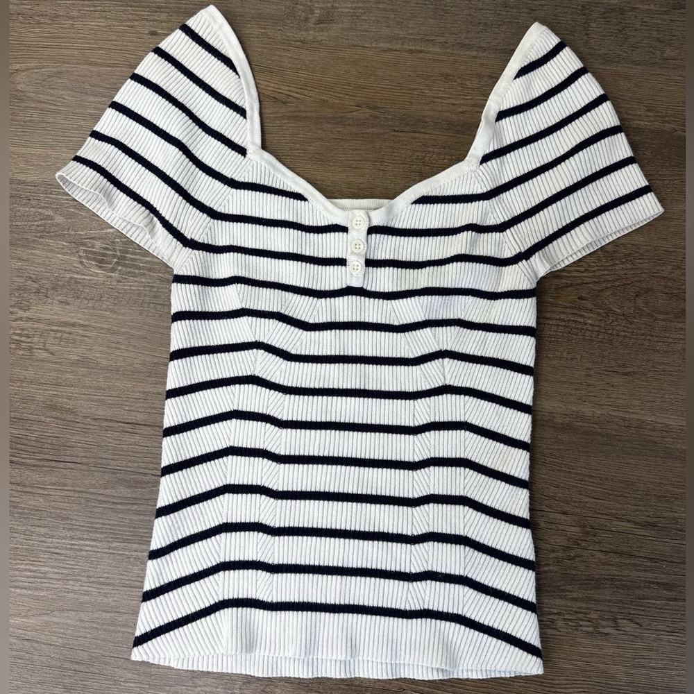 Maeve by Anthropologie Black and White Striped Short Sleeve Sweetheart Top, M - Picture 2 of 10
